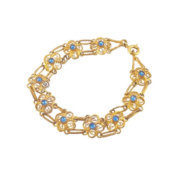 Vintage Gold-Plated Floral Bracelet With Blue Gemstone Accents - Picture 6 of 9